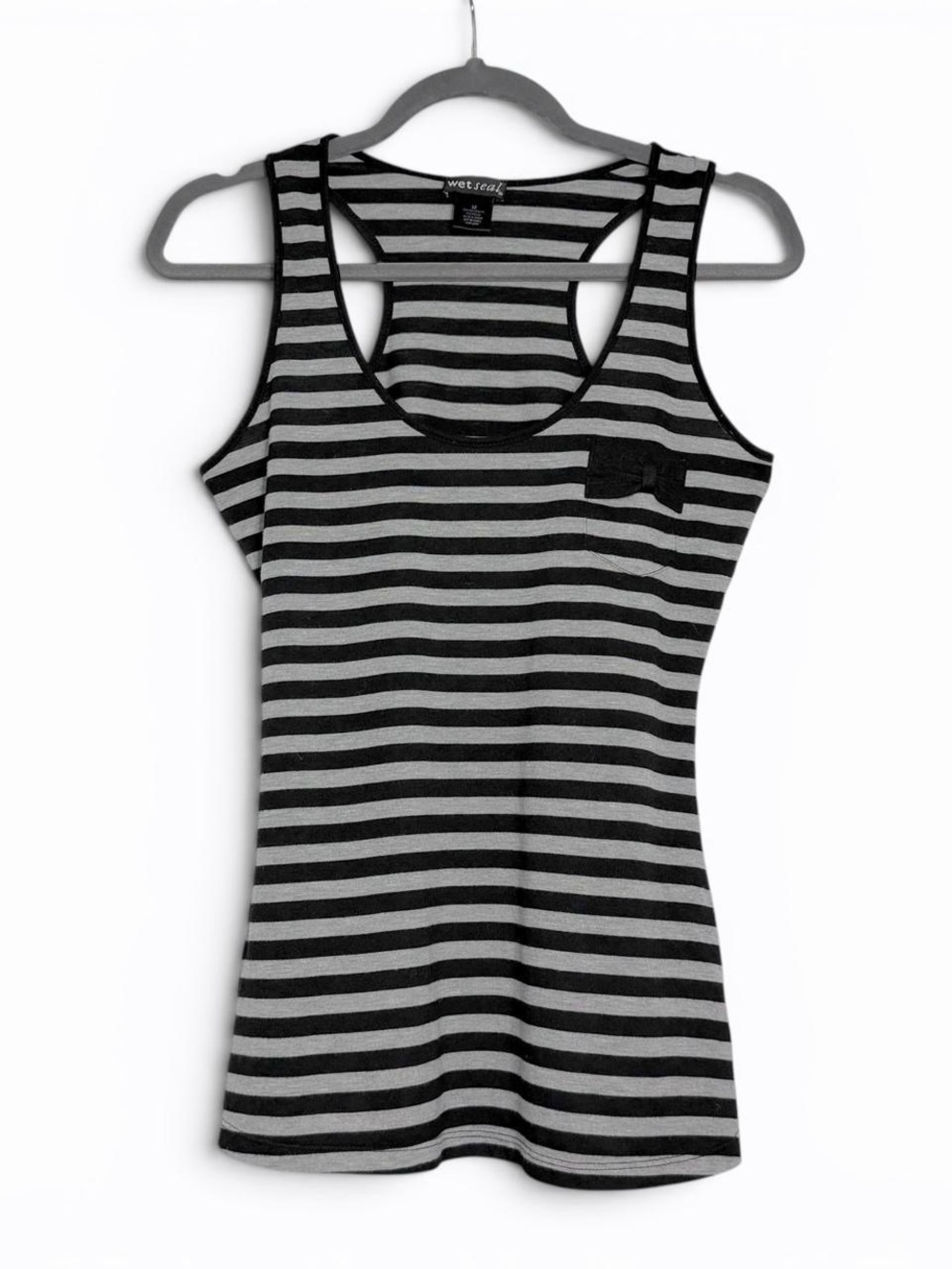 Y2K Wet Seal Black & Grey Striped Tank Top with Bowtie Pocket